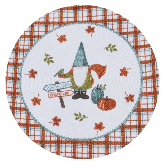 Gnomeland Pumpkin Patch Autumn Fall Plaid Gnome Braided Single Round Placemat - Picture 1 of 1